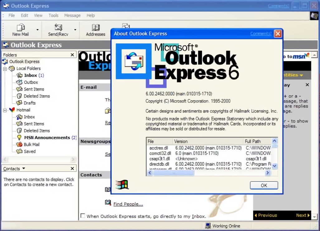 Microsoft Outlook Express 6 About Screen (2000)